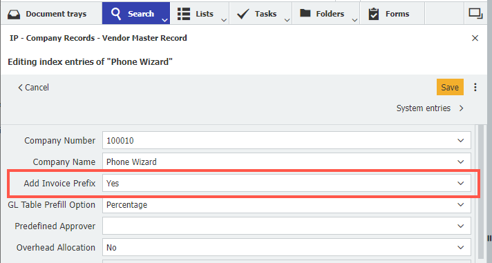 vendor invoice number prefix